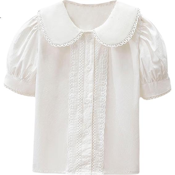 LUOBOBEIBEI Girls' White Blouse with Lace Trim, Versatile Japanese-Style Sweet Doll Collar Short-Sleeve Top, White, Size 130