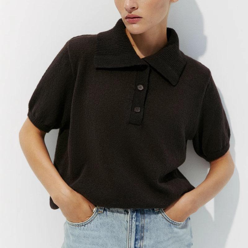 Suéter calado de punto de manga corta 2025 otoño y verano nuevo camiseta de manga abullonada suéter de punto simple mujer