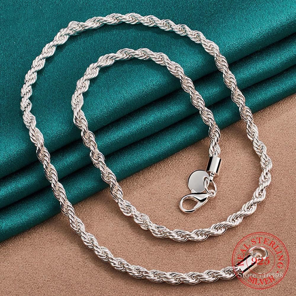 4MM Width!! Real 100% 925 Sterling Silver Men Rope Chain Fashion Unisex Party Wedding Gift Silver 925 Chain Necklace Men Jewelry