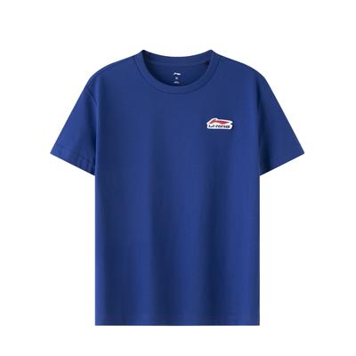Li Ning Logo Embroidered Solid Color Round Neck Casual T-Shirt Men Tops Dark-Blue ATST639-4