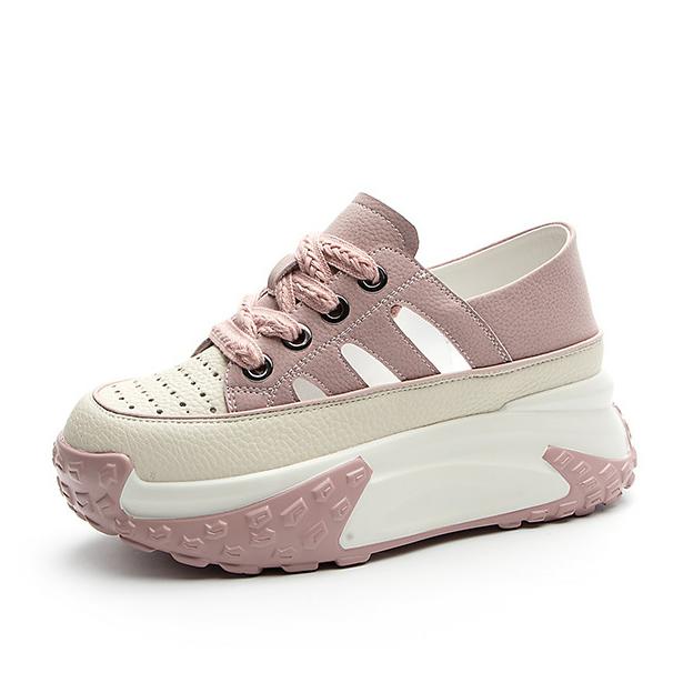 

Fashion 7CM Air Mesh Genuine Leather Platform Wedge Chunky Sneaker Hollow Lace Up Fashion Women Summer Vulcanize Breathable Shoes 40 розовый