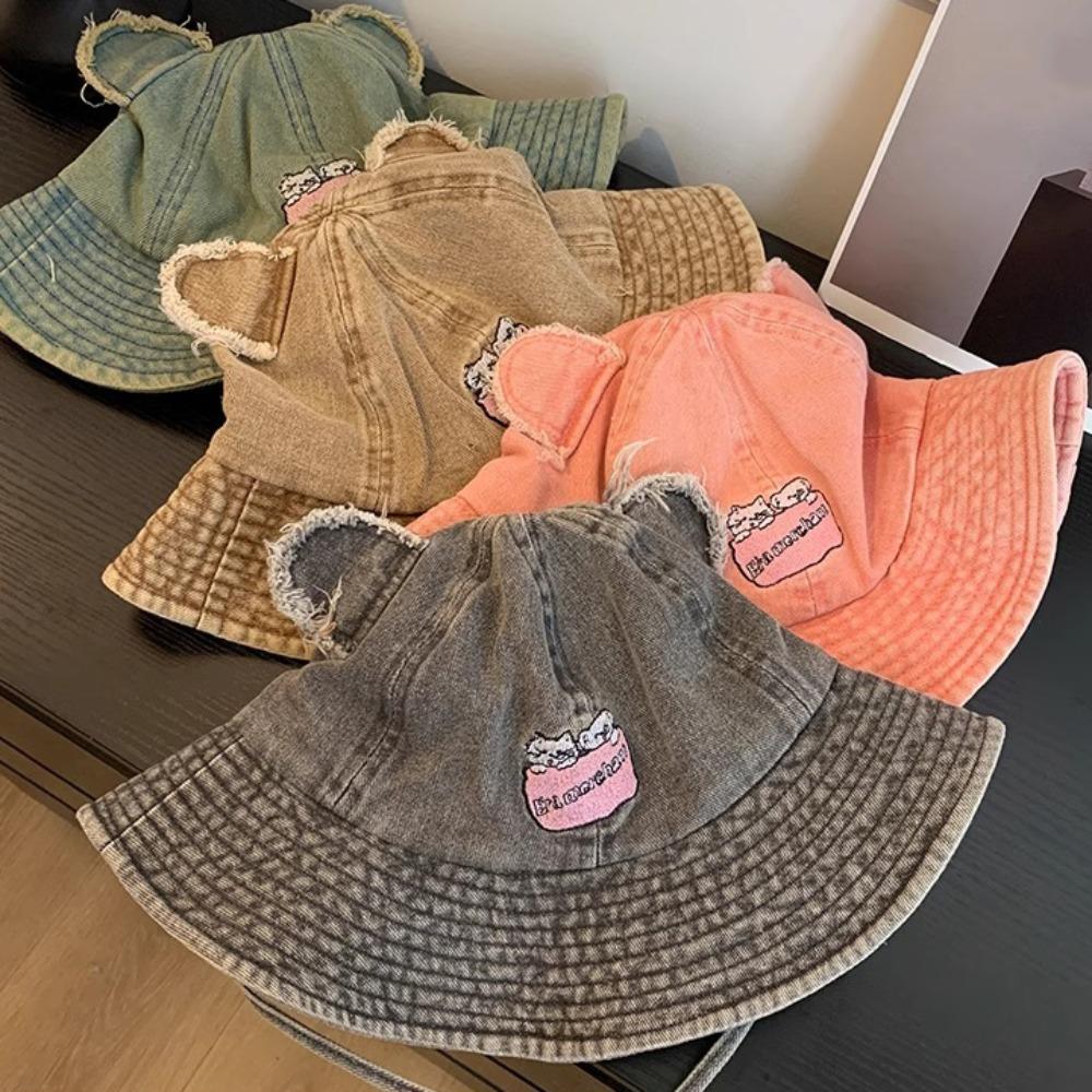 Wide Brim Bear Ears Hiking Fisherman Hat Sunscreen Lace-up Bucket Cap Cat Sun Denim Hat  Camping