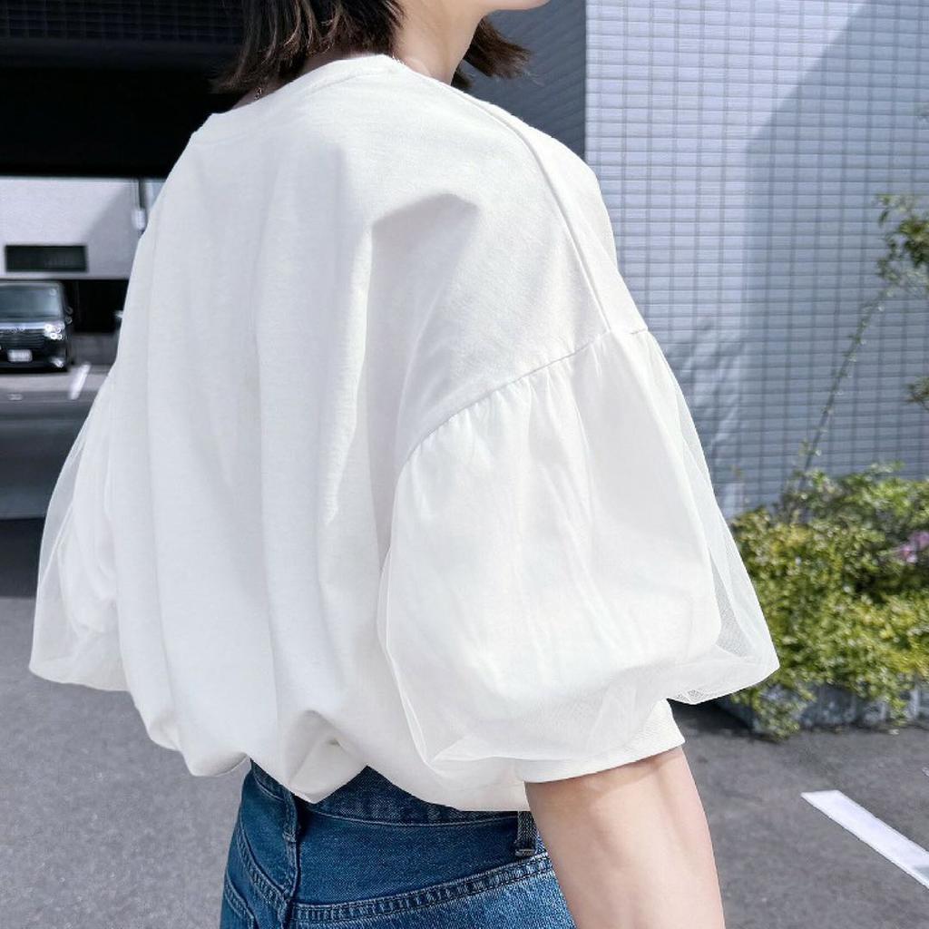 Pure Cotton Loose T-shirt for Women's Summer Mesh Lantern Five-quarter Sleeve Round Neck Top