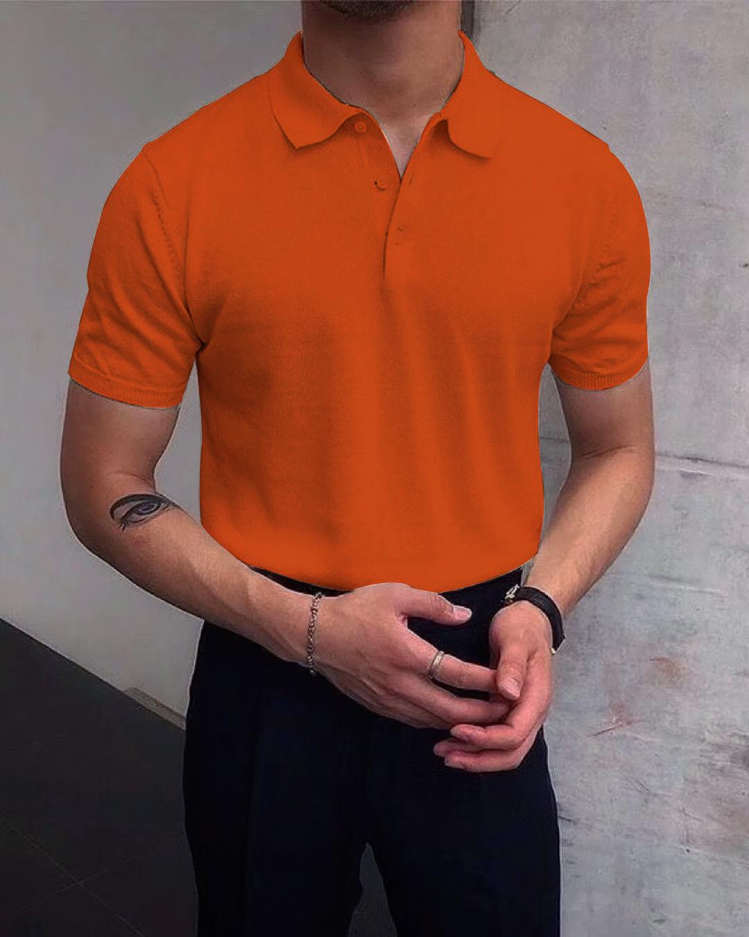 

2026 Лето Новая Повседневная Мужская Одежда Лацкан Мода Свободный Однотонный Короткий Рукав Сшитый Пуговицы Тонкий Молодежный Тренд Рубашка-поло S оранжевый