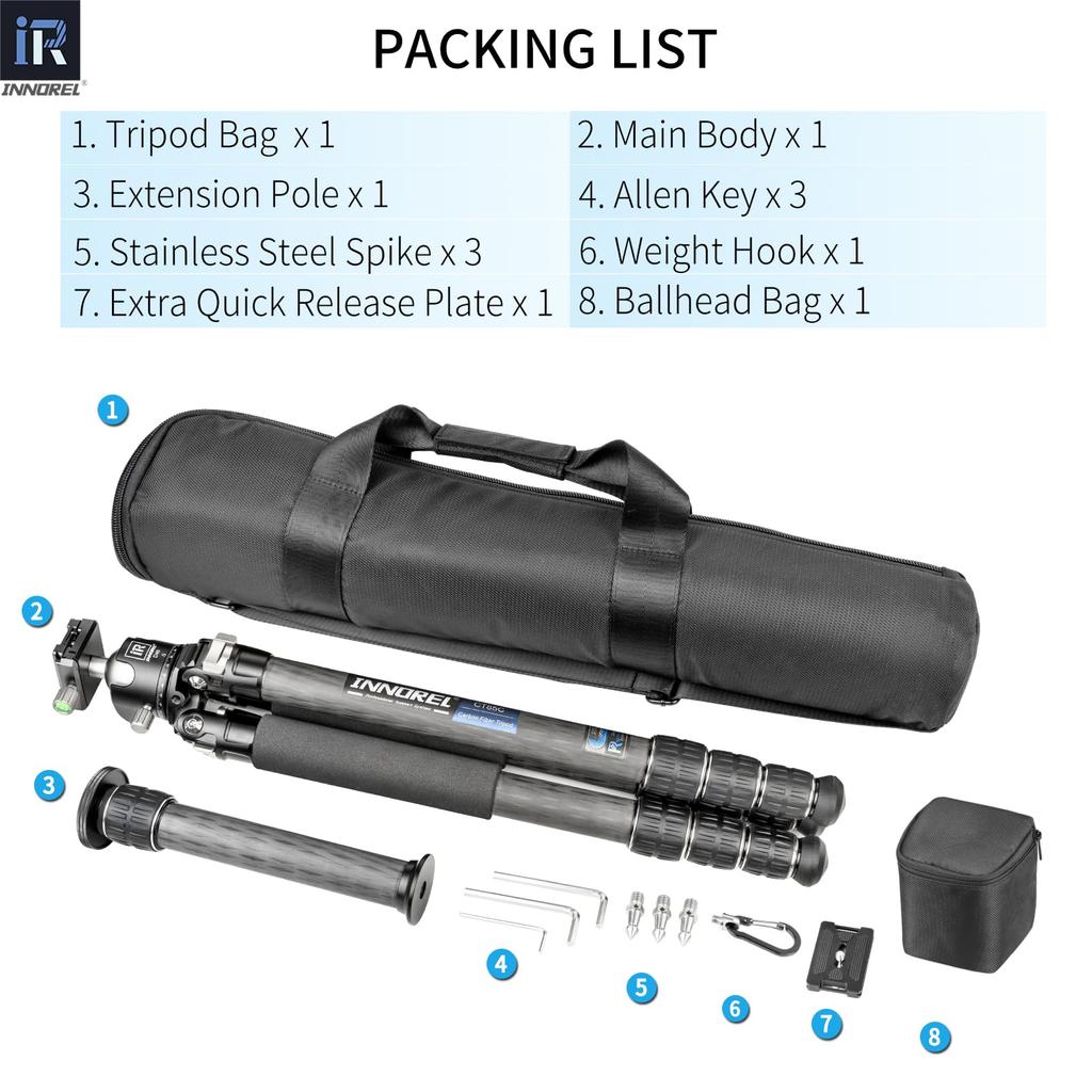 INNOREL Carbon Fiber Camera Tripod with Ball Telescopic Extendable Working Pipe 25kg Maximum Load Panoramic Macro Video Digital Portable Tripod with