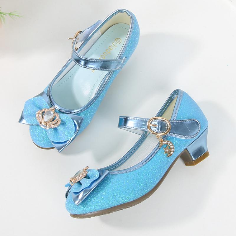 Fairy Kids Leather Shoe Bowtie Elegant Girl Princess Shoes Fashion Sequins Children's Causal Wedding Party High Heel Shoes New