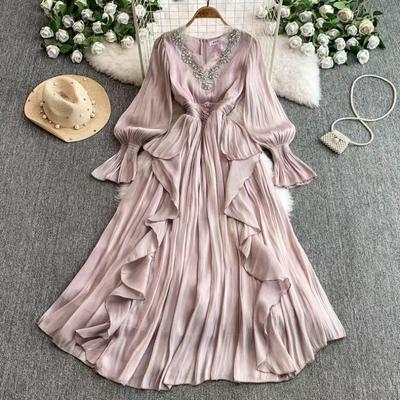 Women's Wear French High-end Elegant Dress Fashion Beaded Diamond V-neck Waist Temperament Court Style Long Dress