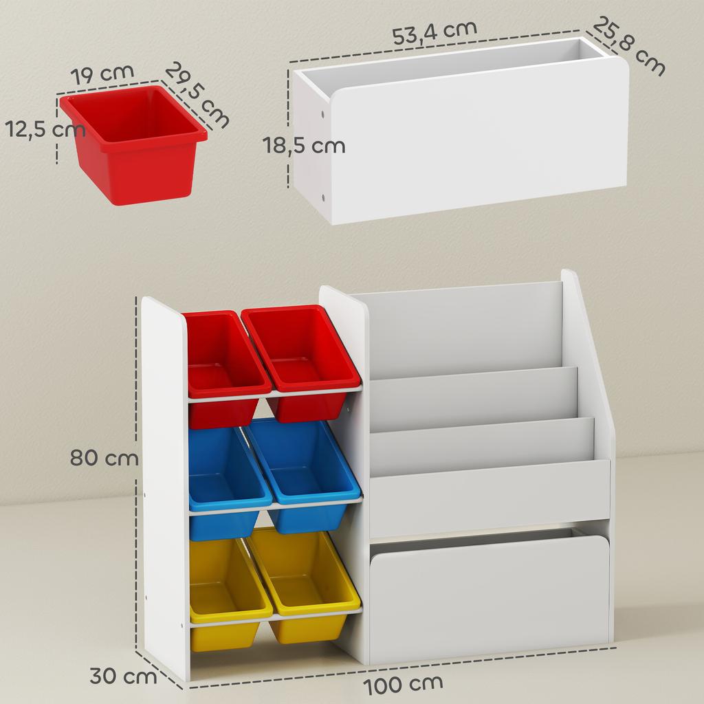 Children's Storage Unit for Toys, 6 Removable Bins, Rolling Chest, 100 x 30 x 80 cm, Multicoloured