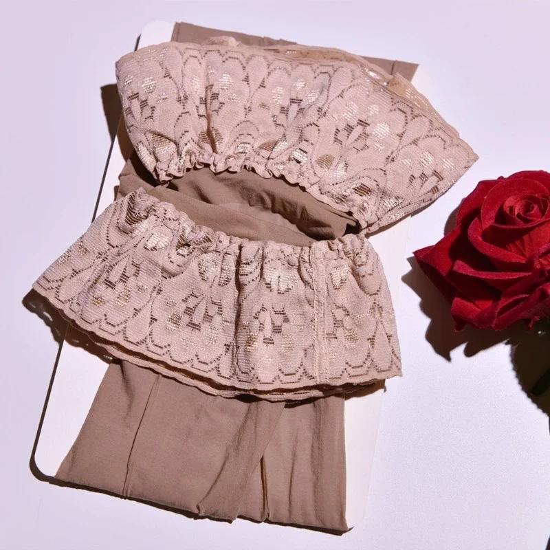 8D Oil Shiny Lace Top Thigh High Stockings Silicone Hold Up Ultra Thin Transparent Silk Medias Women Sexy Lingerie