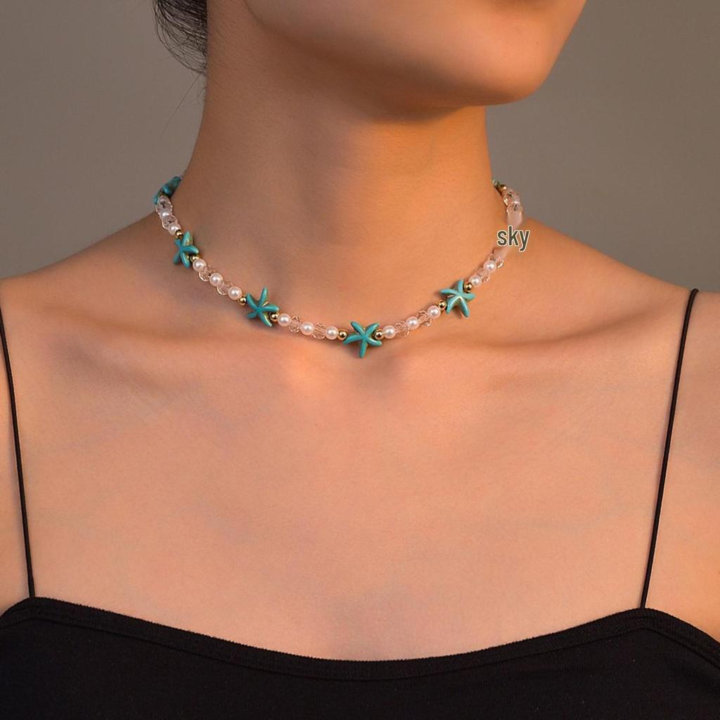 Bohemian Faux Pearl & Turquoise Starfish Ethnic Choker Necklace