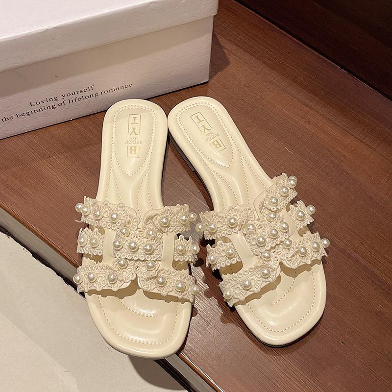 

Крутые тапочки женские летние 2025 новый летний летние женские туфли фея универсальные на плоской подошве пляжные сланцы 35 бежевый