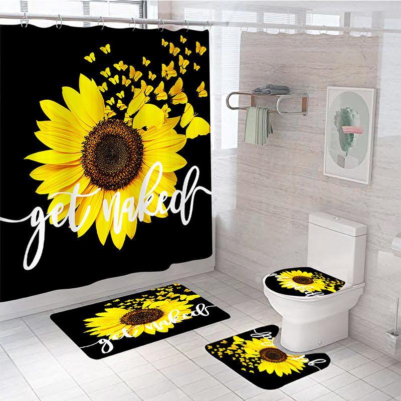 Sunflower Printing Shower Curtain Processing, Thickened Bathroom Curtain Four-Piece Set, Factory China No Floor mat 40X60CM