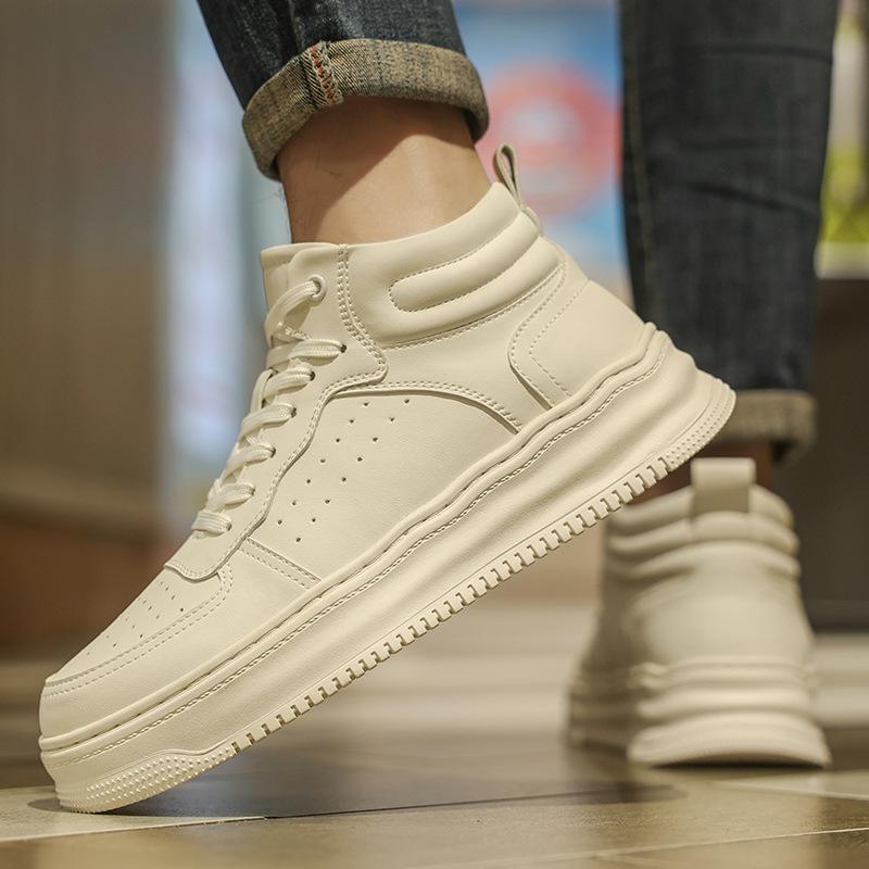 High-top men's shoes fashion versatile trend casual board shoes autumn and winter new leather waterproof thick sole solid color white shoes