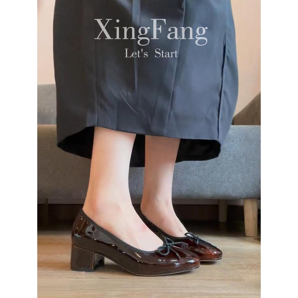 Cowhide Version~ Leather Bow Light Mouth Single Shoes Women's New Retro Green Round Head One-pedal Temperament High Heels