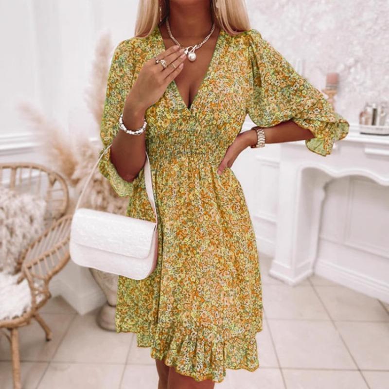 

Waist Cinching Pullover Bohemian Printed Short Sleeved Floral Dress XXXL синій