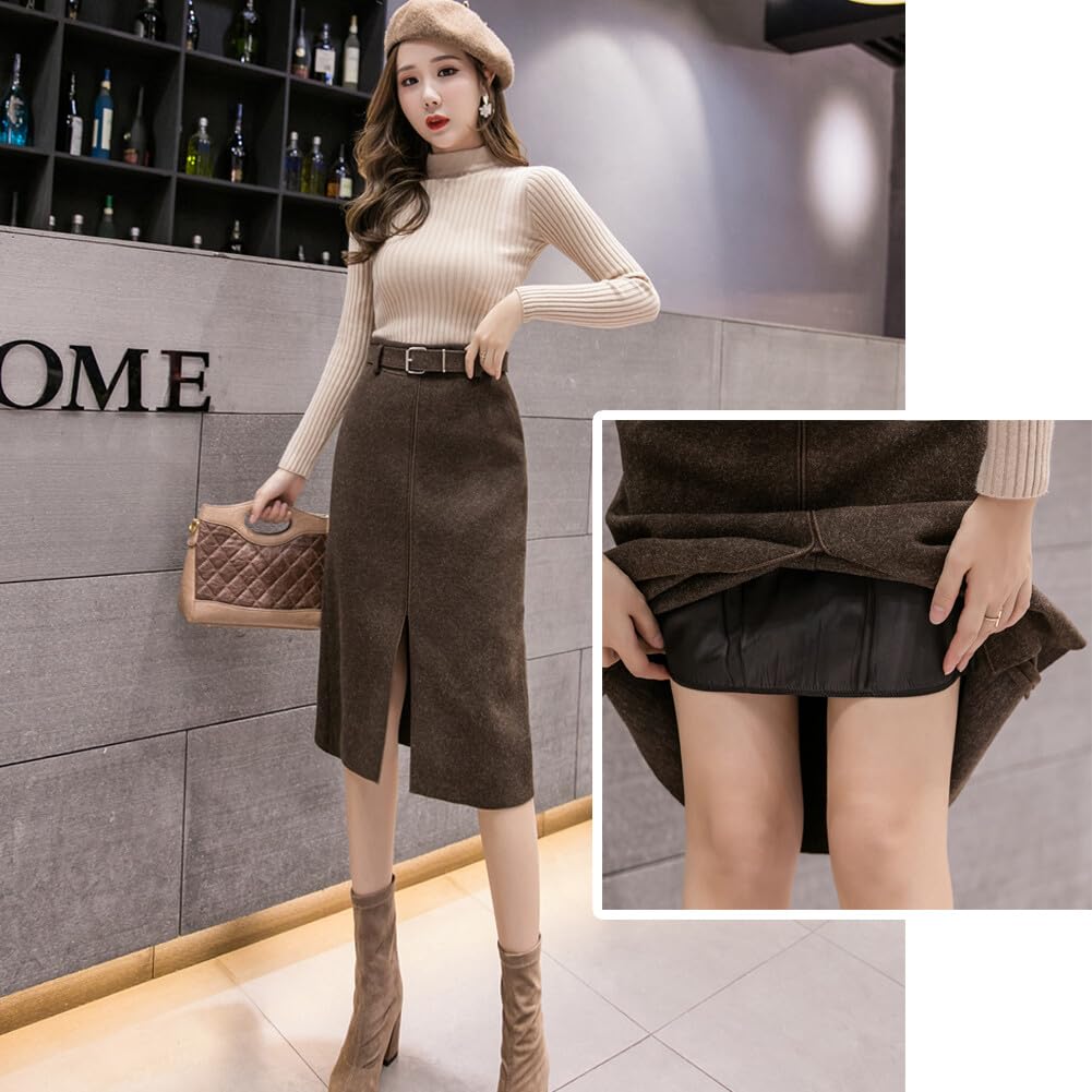 FYBownot Slim Wool Skirt with Slit and Belt for Perfect for and Business Suits Women's Knee-Length Fall/Winter, Office, Commuting,