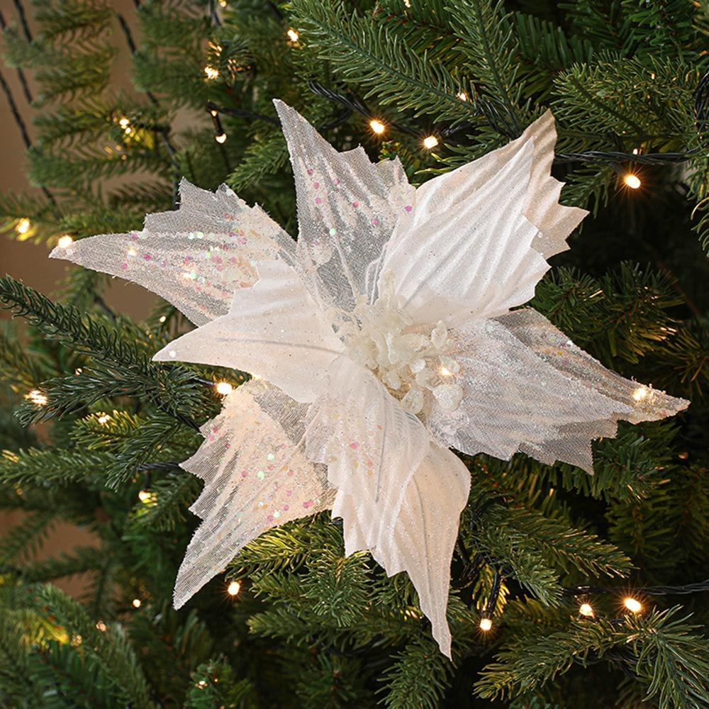Glitter Christmas Glitter Artificial Flowers Large 30cm with Stems Xmas Tree Flowers Ornaments Creative Cute
