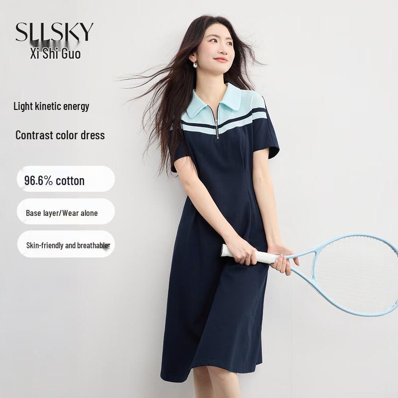 Women s Colorblock Polo Collar Short Sleeve Casual Dress L