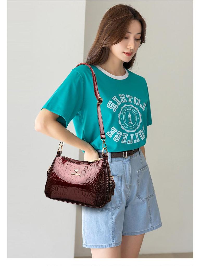 Korean Style Women's Crocodile Pattern Shell Crossbody Bag - 2025 Bright Leather Fashion