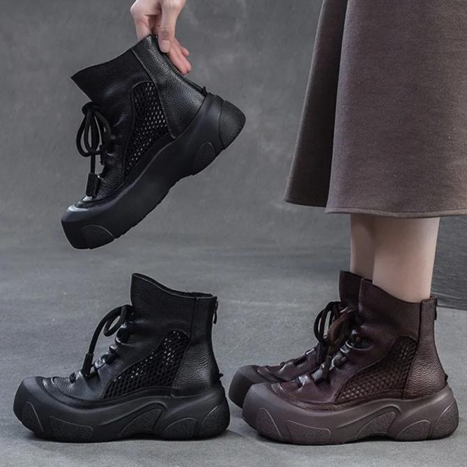 Johnature Cizme din piele naturală cu decupaje, retro, lucrate manual, cu vârf rotund, respirabile, pentru femei, cu talpă groasă