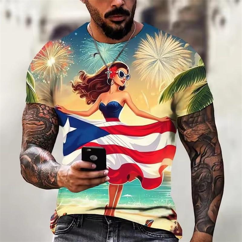 Summer Round Neck Puerto Rico Flag Pattern 3D Print Top Fashionable Casual Short Sleeved Men's T-shirts