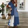 Women Plus Size V Neck Short Sleeve Abstract Printed Blue Beige White Long Maxi Dress