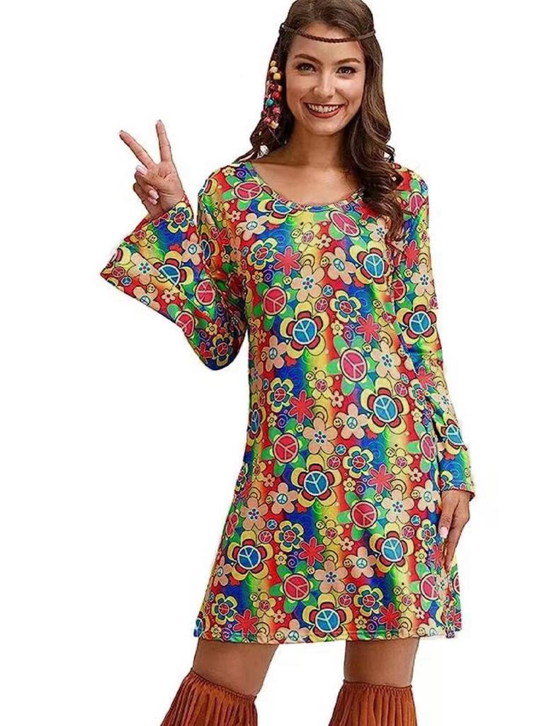 New Women's Halloween Vintage Hippie Trumpet Sleeve Printed Women's Dress