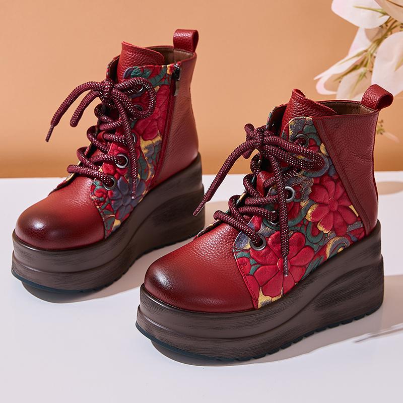 Fashion GKTINOO Handgefertigte Damenstiefel aus echtem Leder Runde Zehenpartie Retro Keilabsatz Stiefeletten Print Plateau High-Heel-Stiefel