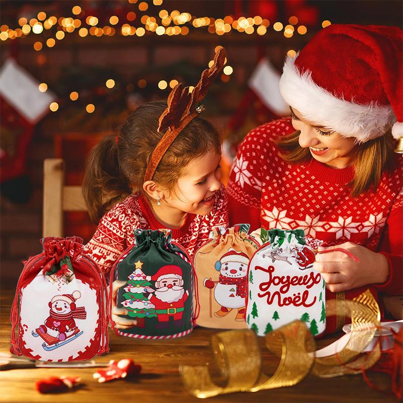 5pcs Christmas Drawstring Gift Bag Cartoon Candy Cookie Apple Wrap Bag Kids New Year Party Favors Supplies Christmas Decoration