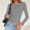Ladies Spring Autumn Long Sleeve Round Collar Backless Striped Slim Fit Pullover Bare Midriff T Shirt Top