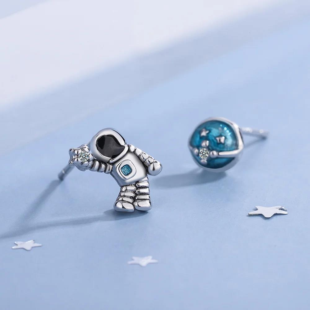 New Silver Plated Female Earrings Asymmetric Cute Space Astronaut Planet Opal Stud Earrings for Women Ear Piercing Jewelry
