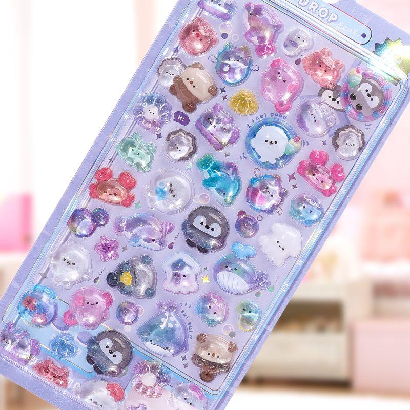 

Kids Stickers Girl Cartoon 3D Relief Stickers Acrylic Gem Crystal Stickers Toy Decorative Small Stickers 3D relief paste [C ocean world] about 50 relief