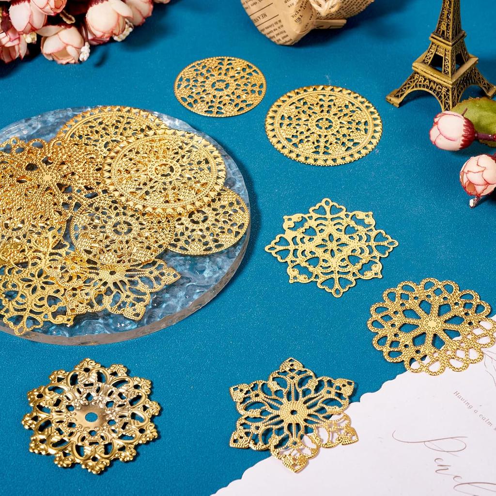 Cheriswelry 48pcs Flower Filigree Joiners Links Flower Golden Metal Dangle Charms Rack Plating Iron Etched Metal Embellishments 48~65mm for DIY Craft
