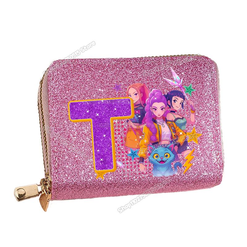 Korean Pop Demon Hunters Letter A-Z Women Short Wallet Bling Sequin Pu Leather Wallets Zipper Coin Purse ID Card Holder Girl Purse