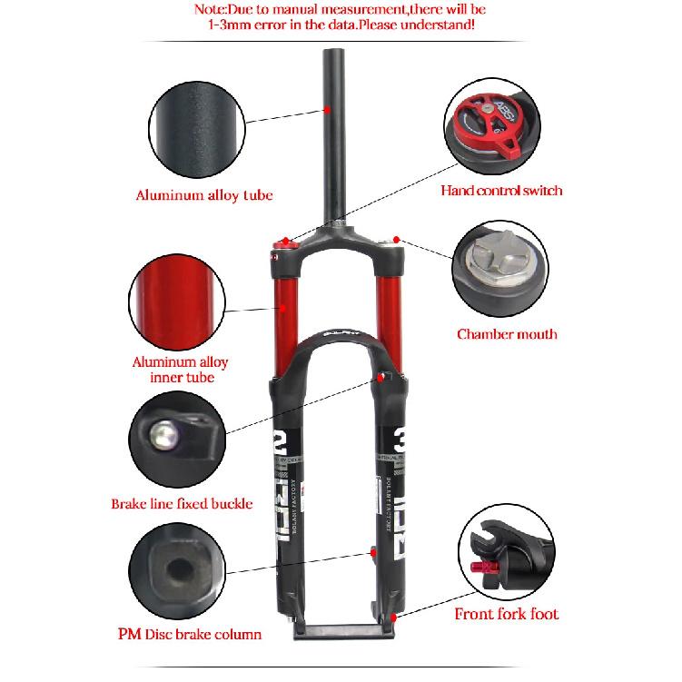 Bolany Mountain Bike Fork Suspension Double Airbag, Red Bike Front Straight Tube, Shock Absorber, Magnesium Alloy, Bike Accessor