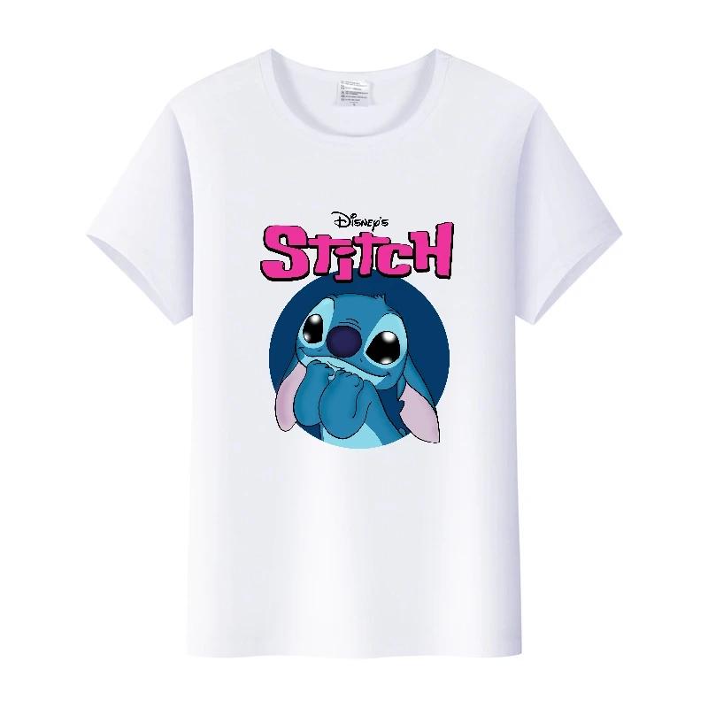 Kawaii Disney Cartoon Blouse Lilo Stitch Love Top Summer Short Sleeve 90S T-shirts White Shirt Kids Tees Woman Plus Size Clothes