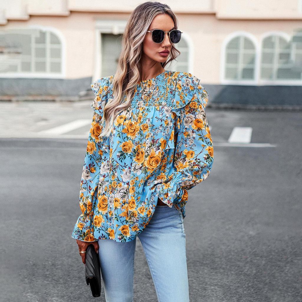 Women's Autumn Winter O Neck Ruffles Lantern Sleeve Floral Commuter Shirt Printed Shirt Tops