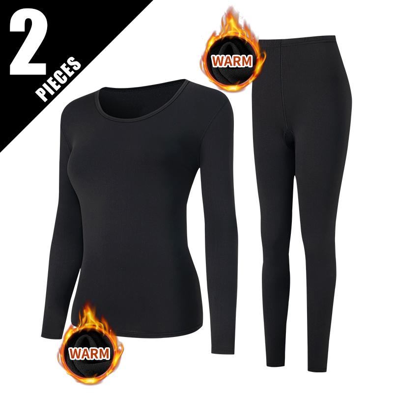 2-teiliges Herbst- und Winter-Damen-Set mit einfarbigem Rundhalsausschnitt, Thermo-Unterwäsche für Teenager, lässige und bequeme Nachtwäsche