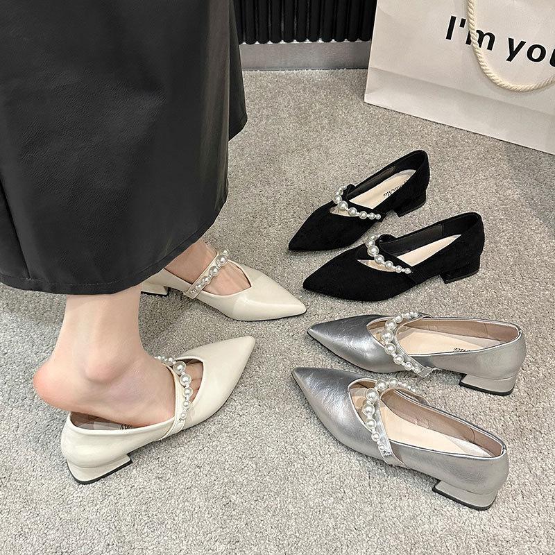 Square heel pointed Mary Jane shoes women's shoes spring 2025 new shallow mouth French pearl word with temperament single shoes
