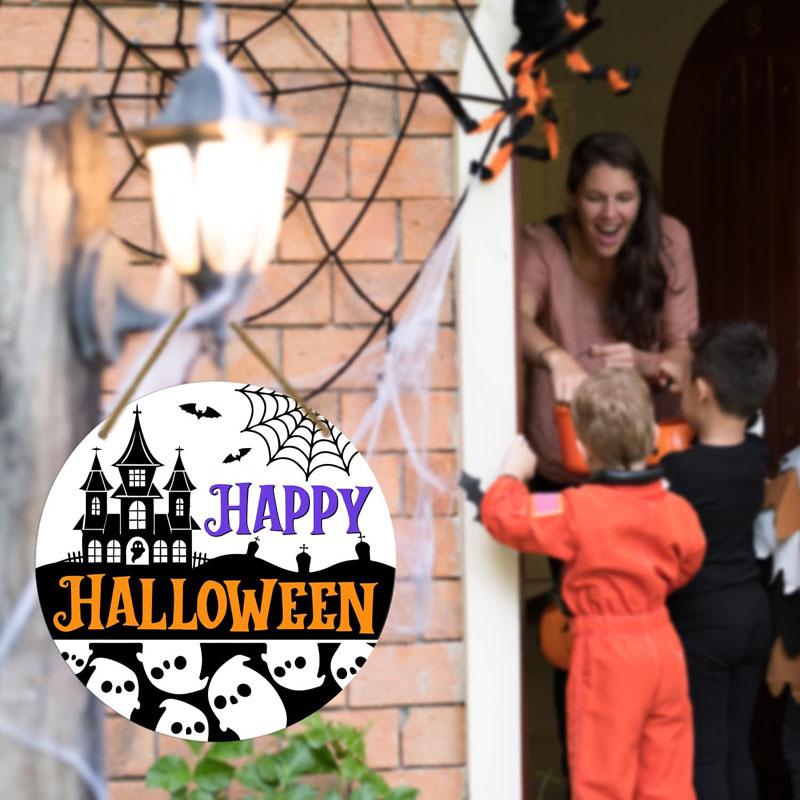 Happy Halloween Wooden Signs Plaque for Front Door Halloween Ghost Door Decor