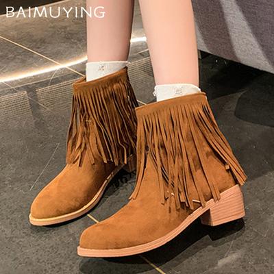 Kwasten Chunky Dames Enkellaarsjes Suède Puntige Neus Mode Middenhakken Schoenen 2025 Trend Designer Pumps Winter Nieuw Botas De Mujer