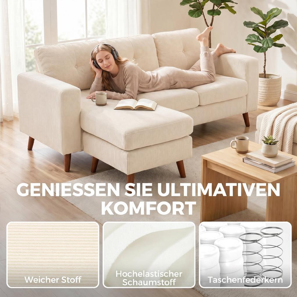 Corner Sofa 192 Cm L-Shape 3-Seater Sofa with Reversible Chaise Longue, Corduroy Look, for Small Spaces, Cream White