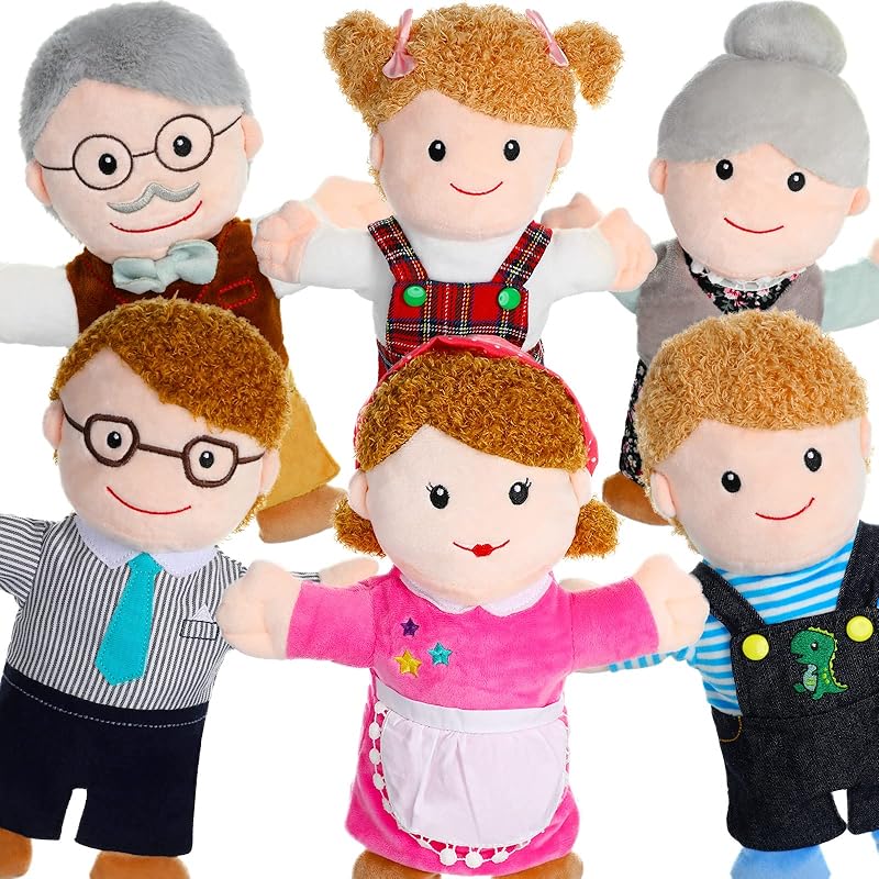 6 Pieces Hand Puppet Set 11.8 Inch Family Members Puppets Soft Plush Hand Puppets Mother, Father, Son, Daughter and Grandparents for Storytelling,