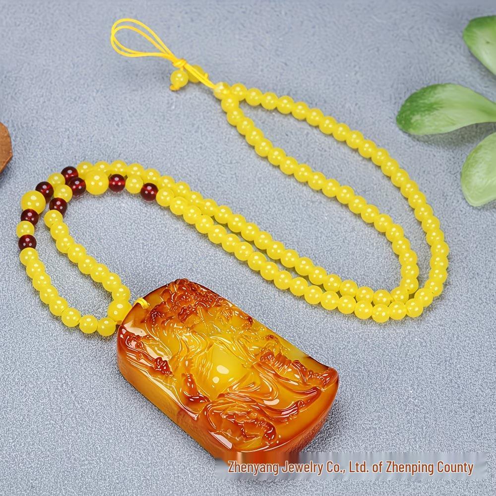 Natural Baltic Yellow Amber Guan Gong Pendant with Honey Wax Finish for Men and Women
