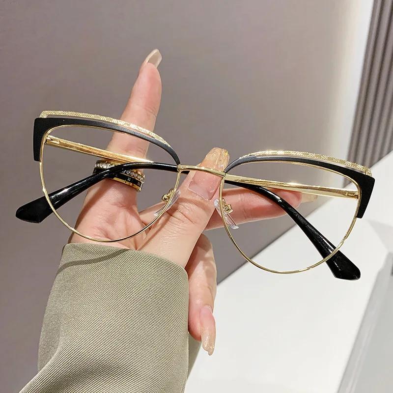 2024 Anti-blue Light Women Cat Eye Eyewear Luxury Metal Frame Oversized Optical Spectacle Eyeglasses Female Vintage Glasses