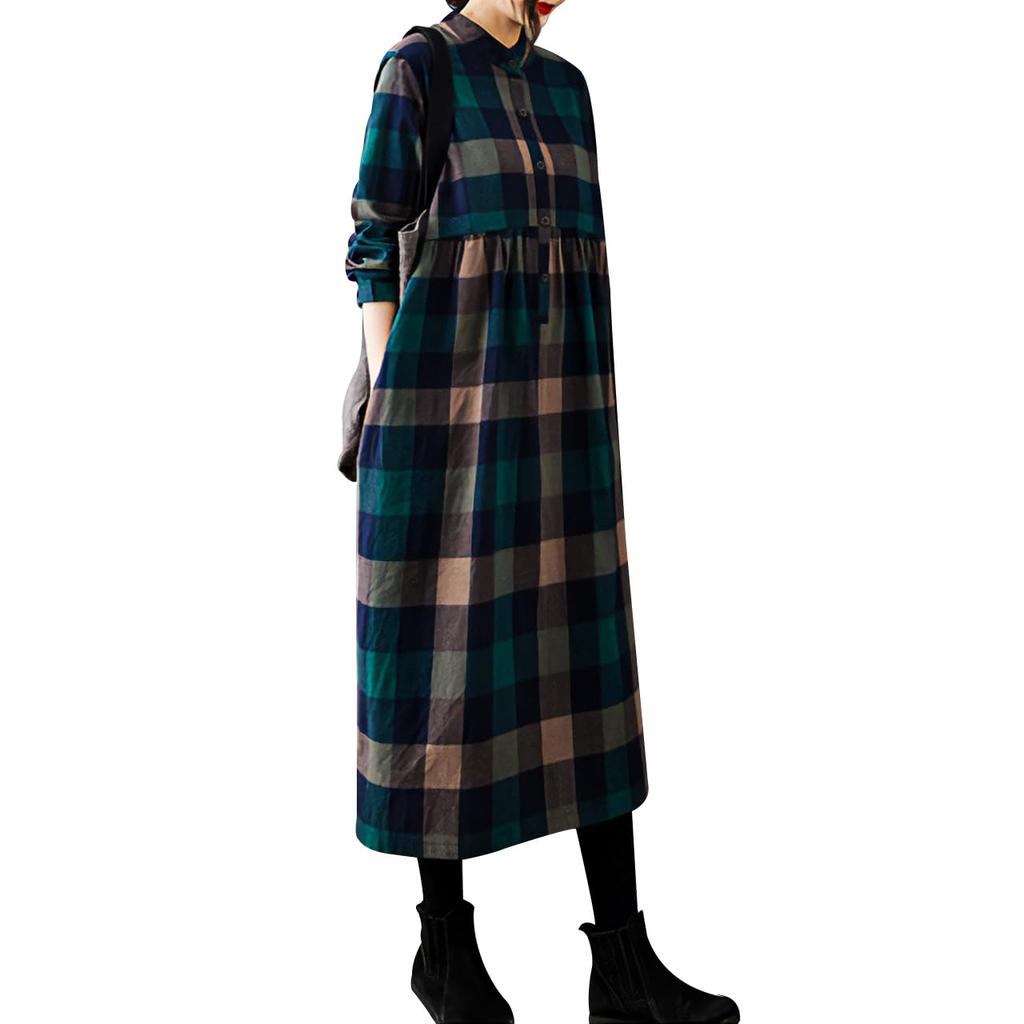 YasYouRi Check Maxi Button Loose Plus Long Korean Style Dress, Spring/Autumn, Women's, Large, Neck, Long, Fit, Size, Sleeves, Cotton-Linen,