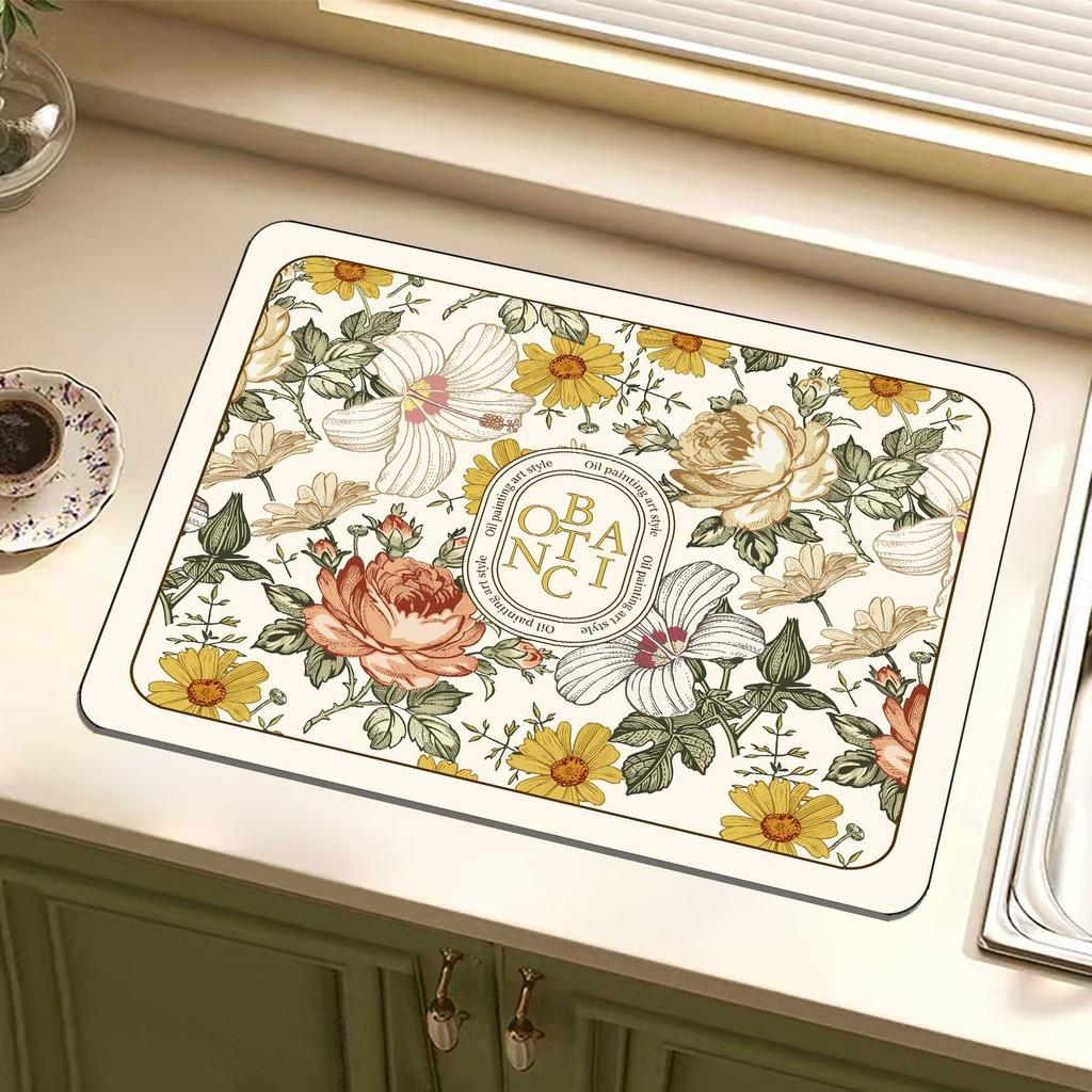 30*40cm Vintage Flora Printed Mud Absorbent Quickly Dry Heat Resistant Non-Slip Tableware Pad Dish Drying Mat Placemat Coffee Mat