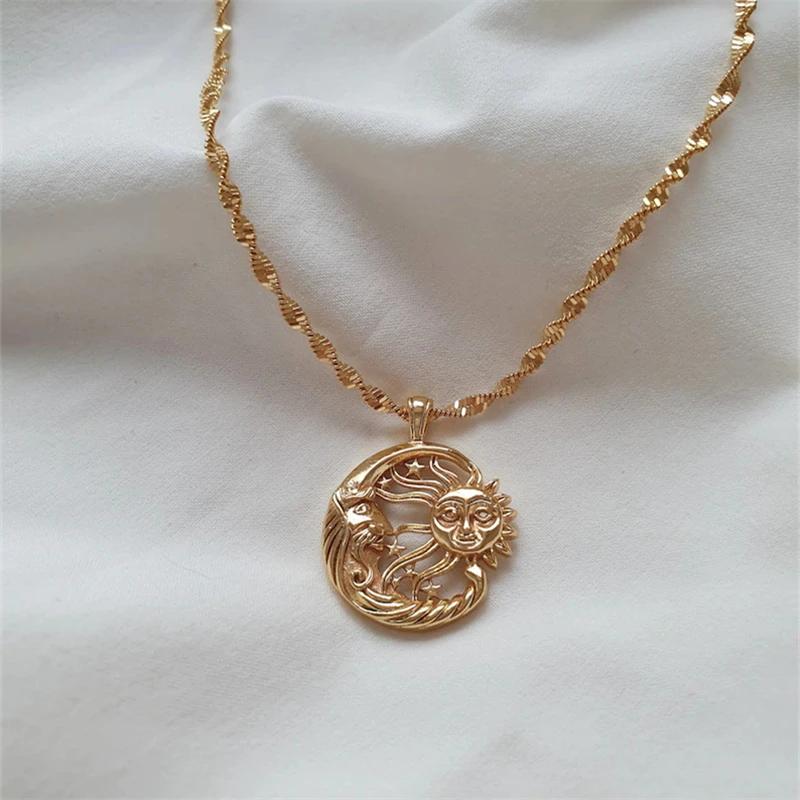 Greek Mythology Human Face Sun Moon Hug Each Other Pendant Necklace Creative Design Couple Necklace Featured Gift Jewelry