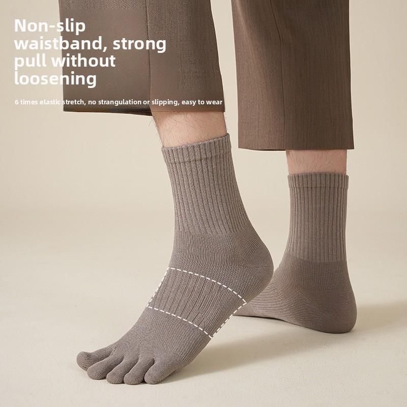 Fall/Winter Men's Five-Fingered Socks with High Elasticity, Pure Color Mid-Calf Tights, Sport-Style Sweat Absorbing and Anti-Turning-Up Long Socks
