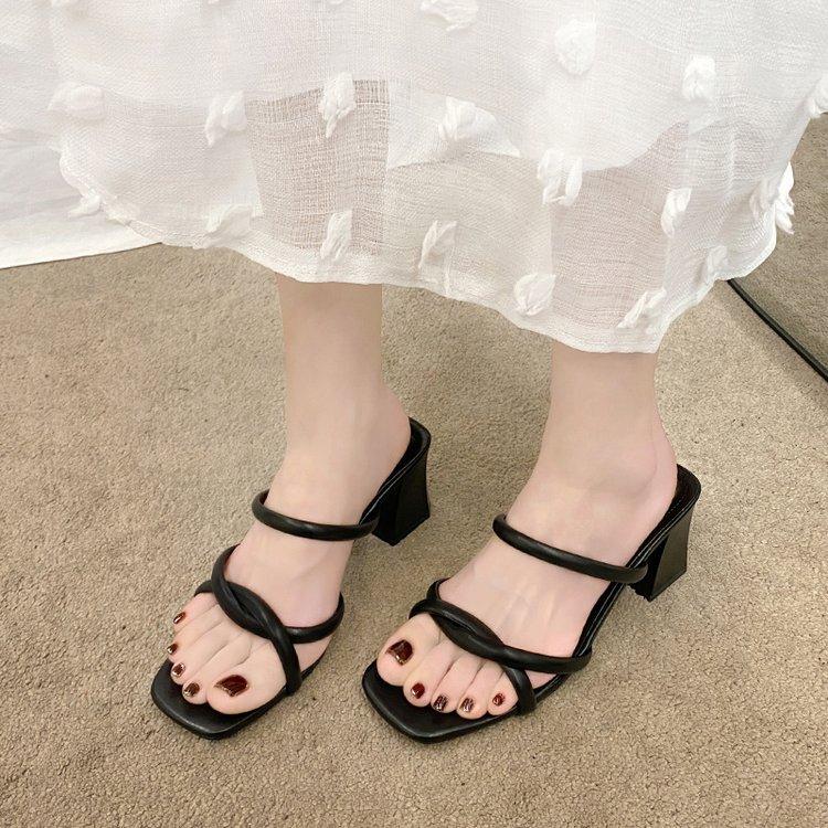 Women's Summer Sandals Mid-heel Shoes Fairy Style Pleated Thick Heel Refreshing Sandals Versatile One-strap Single Shoes Women